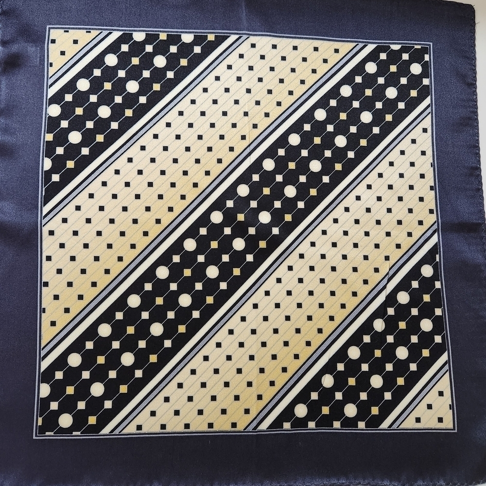 Men’s Pocket Square Geometric Pattern Black Gray Cream Gold Silk Scarf 13” x 13”